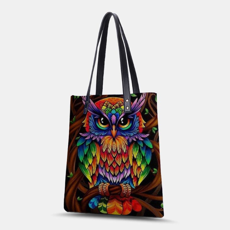 Färg Owl Print Mönster Läder Tygväska Sticker Axelväska Handväska Tote Med Inbyggd Liten Väska