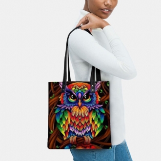 Färg Owl Print Mönster Läder Tygväska Sticker Axelväska Handväska Tote Med Inbyggd Liten Väska