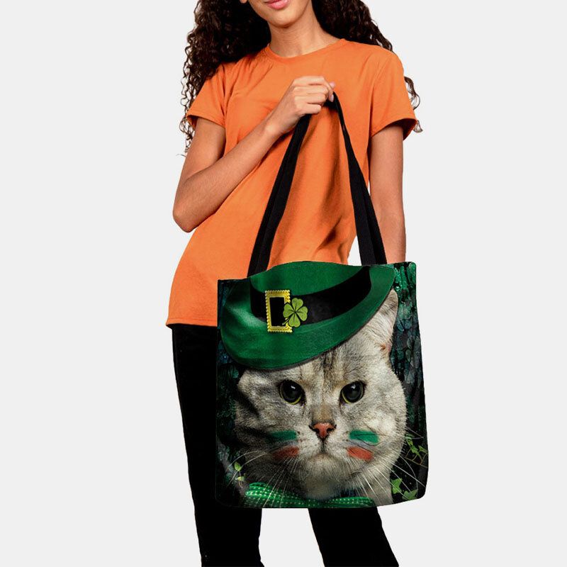 Kvinnor Clover Cat Mönstertryck Happy St Patrick Day Axelväska Handväska Tote