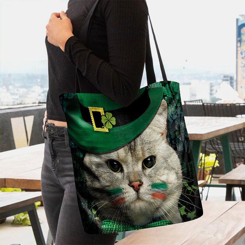 Kvinnor Clover Cat Mönstertryck Happy St Patrick Day Axelväska Handväska Tote