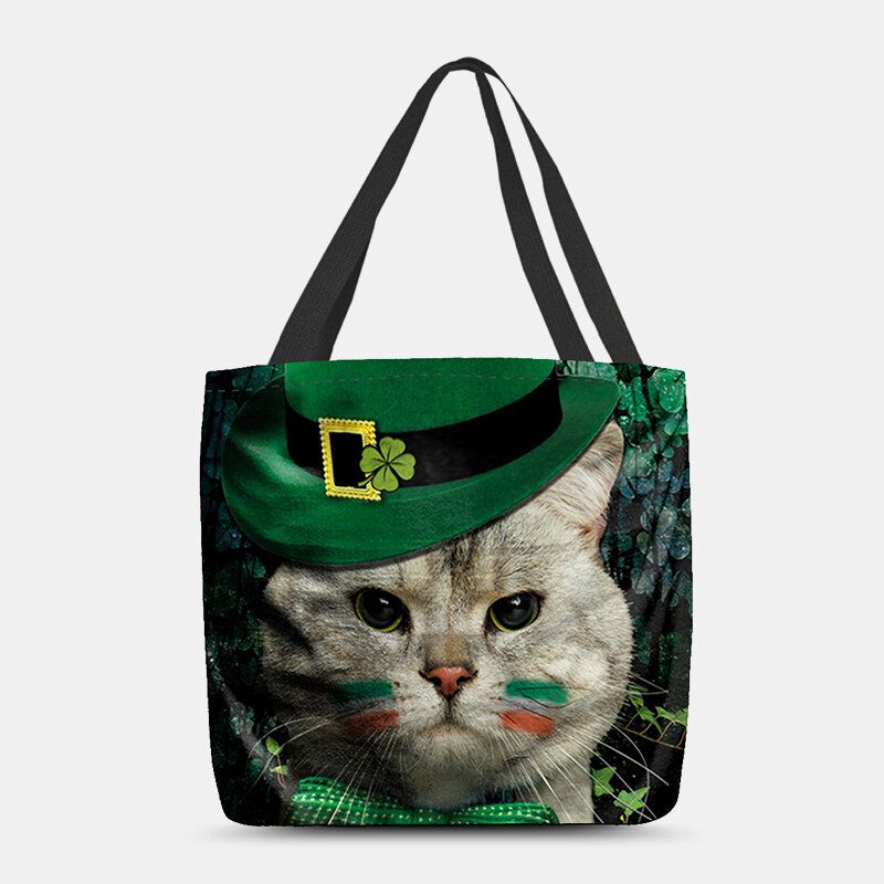 Kvinnor Clover Cat Mönstertryck Happy St Patrick Day Axelväska Handväska Tote