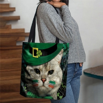 Kvinnor Clover Cat Mönstertryck Happy St Patrick Day Axelväska Handväska Tote