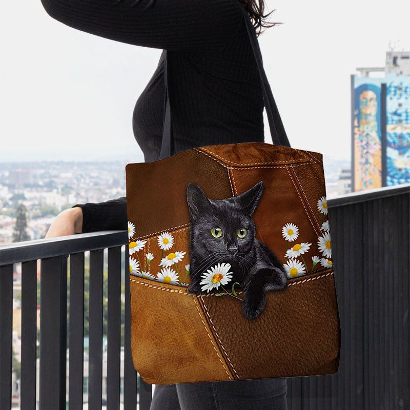 Kvinnor Kändes Söt 3d Tredimensionell Black Cat Daisy Pattern Axelväska Handväska Tote