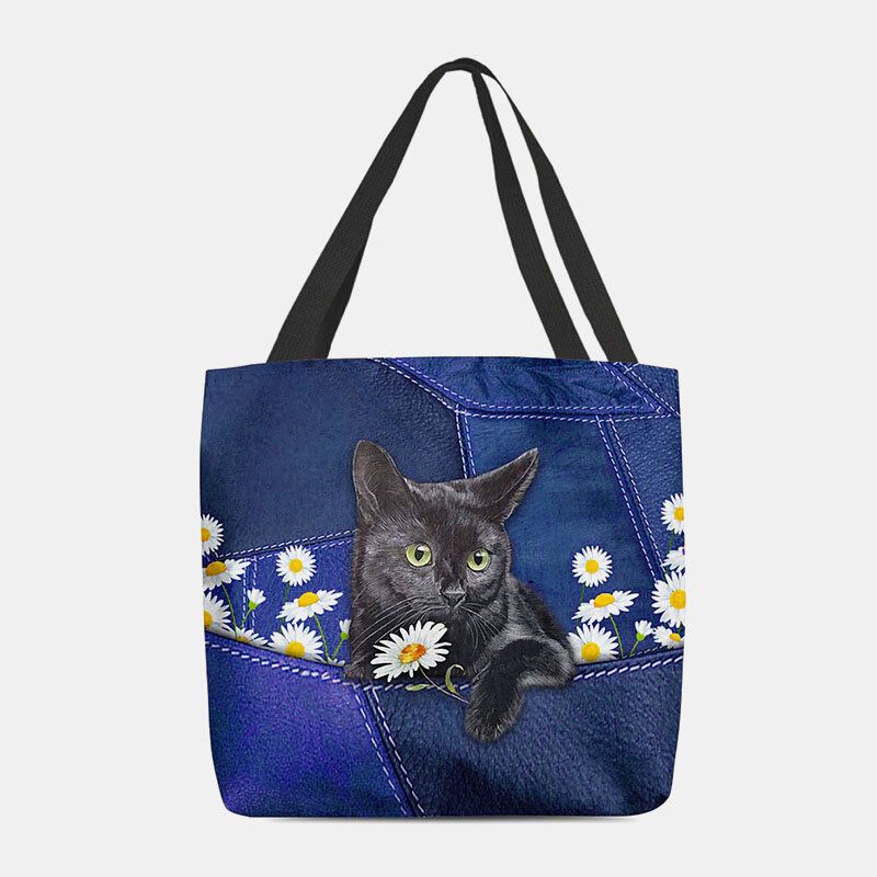 Kvinnor Kändes Söt 3d Tredimensionell Black Cat Daisy Pattern Axelväska Handväska Tote