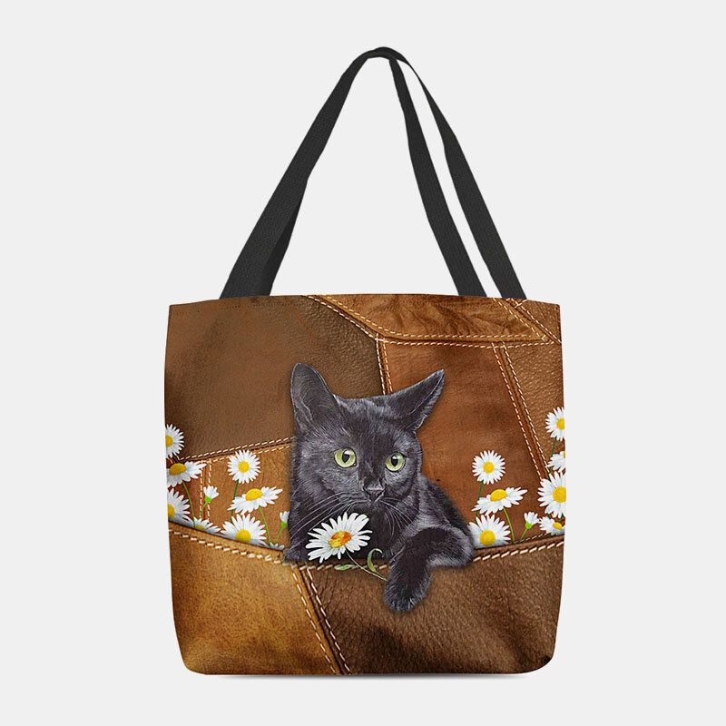 Kvinnor Kändes Söt 3d Tredimensionell Black Cat Daisy Pattern Axelväska Handväska Tote