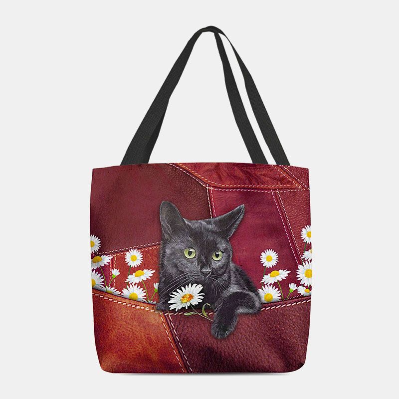 Kvinnor Kändes Söt 3d Tredimensionell Black Cat Daisy Pattern Axelväska Handväska Tote