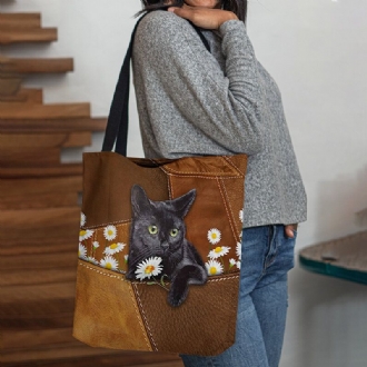 Kvinnor Kändes Söt 3d Tredimensionell Black Cat Daisy Pattern Axelväska Handväska Tote