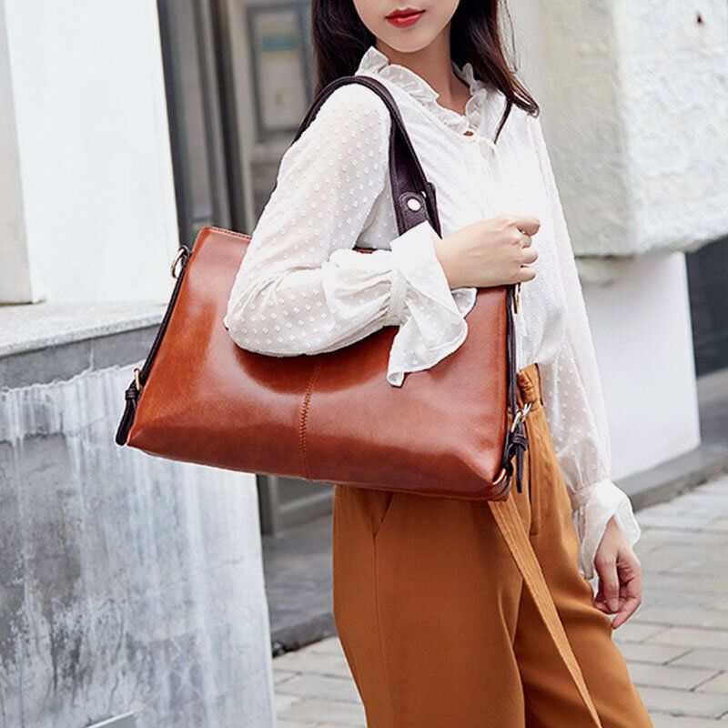 Kvinnor Konstläder Retro Litchi-mönster Handväska Med Stor Kapacitet Axelväska Crossbody Bag Tote