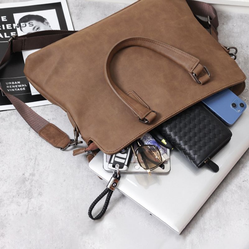 Män Konstläder Retro Business Portfölj Med Stor Kapacitet Multifunktionell Datorhandväska Messenger Bag