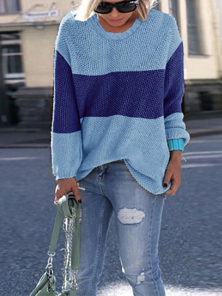 Dam Casual Crew Neck Patchwork Långärmade Tröjor