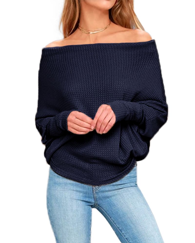 Dam Off Shoulder Stickade Tröjor Jumper Lös Pullover Toppar