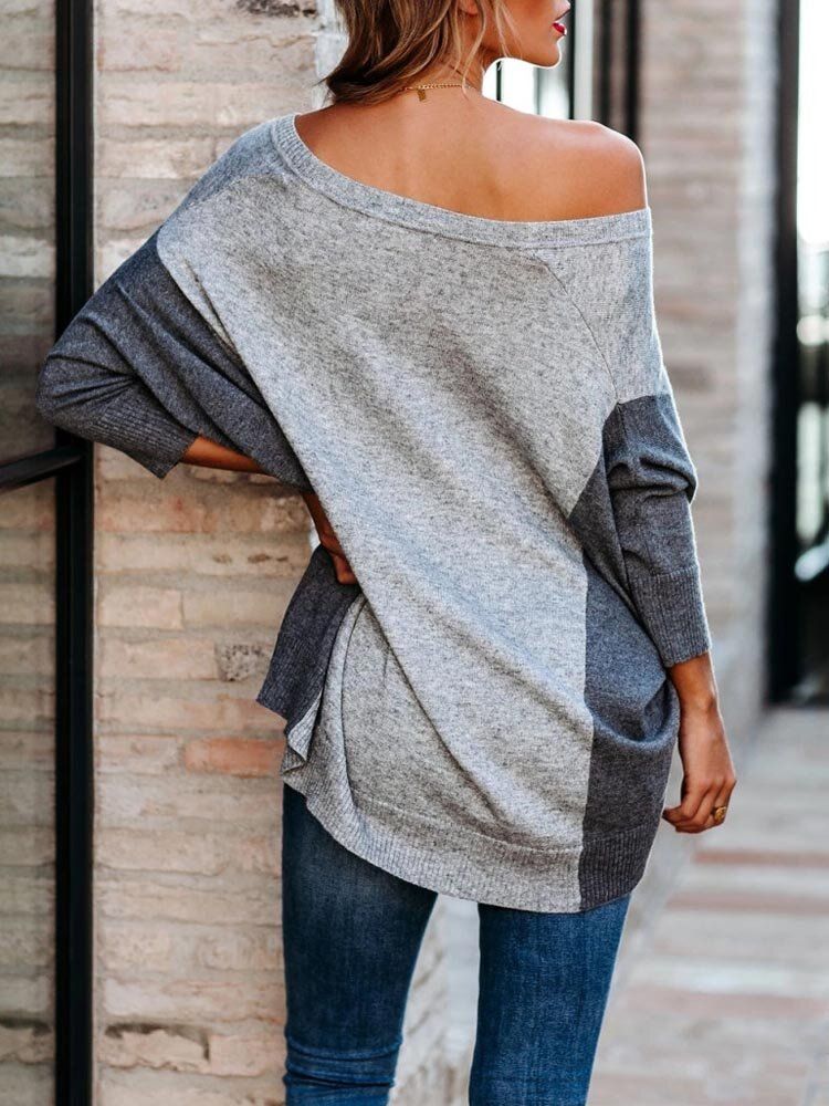 Dam Patchwork Colorblock Drop Sleeve V-ringad Lös Daily Sweater