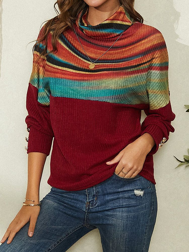 Dam Regnbågsrandigt Tryck Patchwork Ribbad Tröja Med Turtleneck