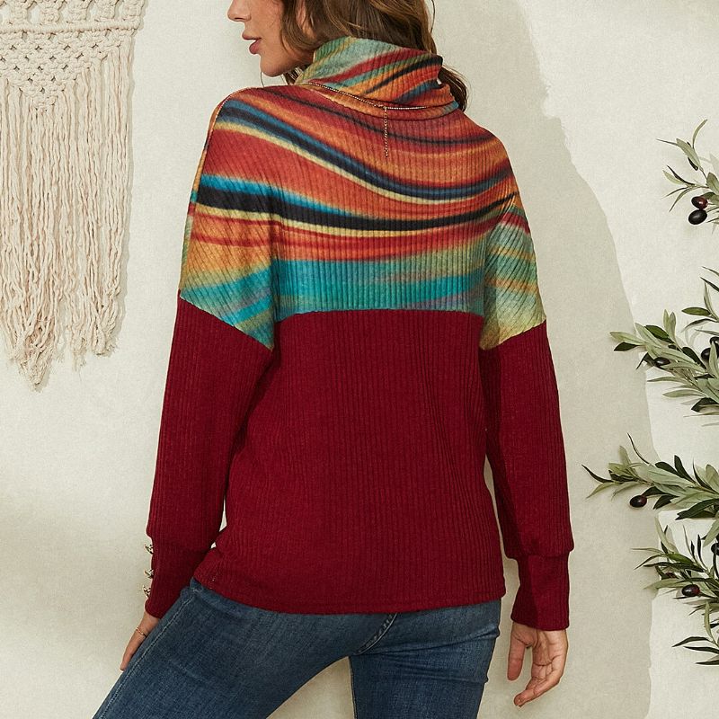 Dam Regnbågsrandigt Tryck Patchwork Ribbad Tröja Med Turtleneck