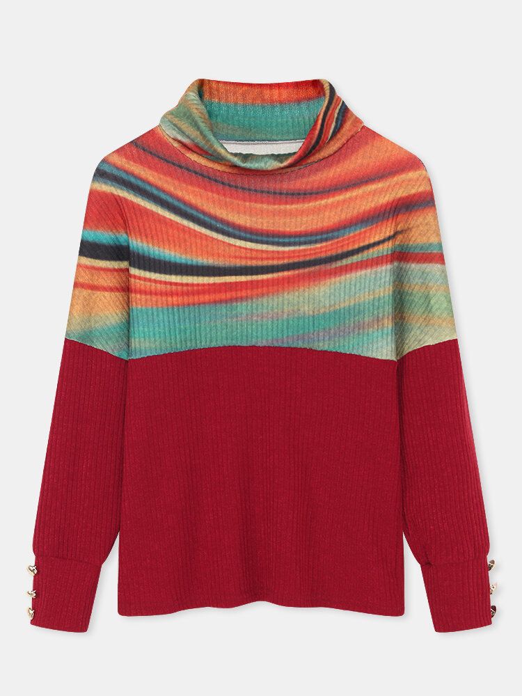 Dam Regnbågsrandigt Tryck Patchwork Ribbad Tröja Med Turtleneck