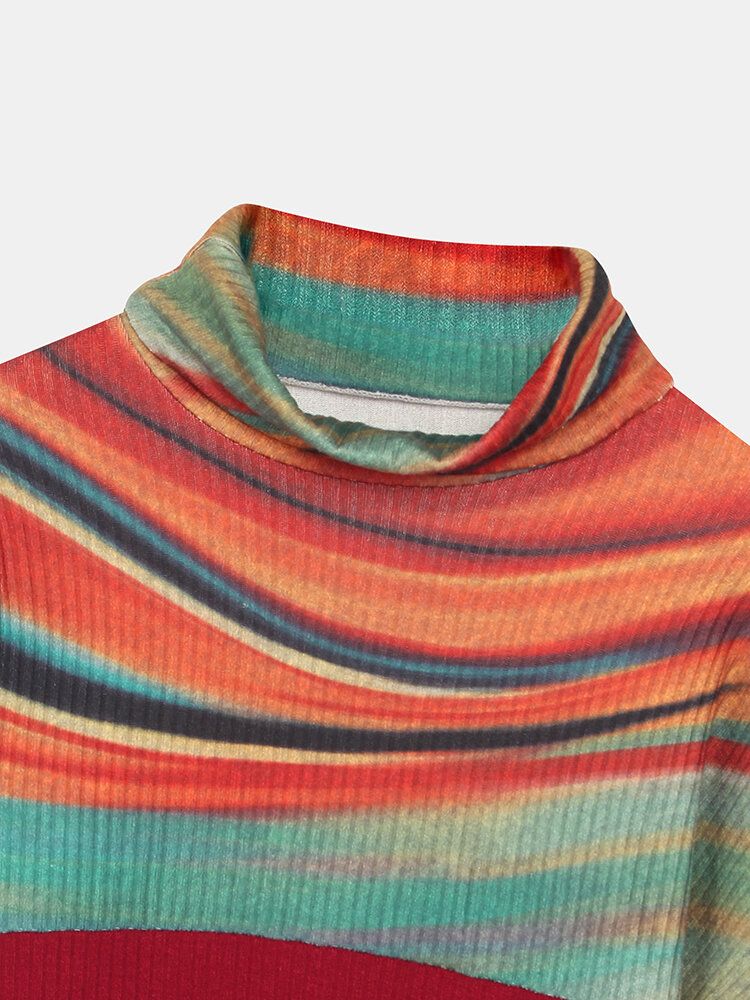 Dam Regnbågsrandigt Tryck Patchwork Ribbad Tröja Med Turtleneck