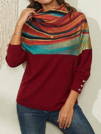 Dam Regnbågsrandigt Tryck Patchwork Ribbad Tröja Med Turtleneck