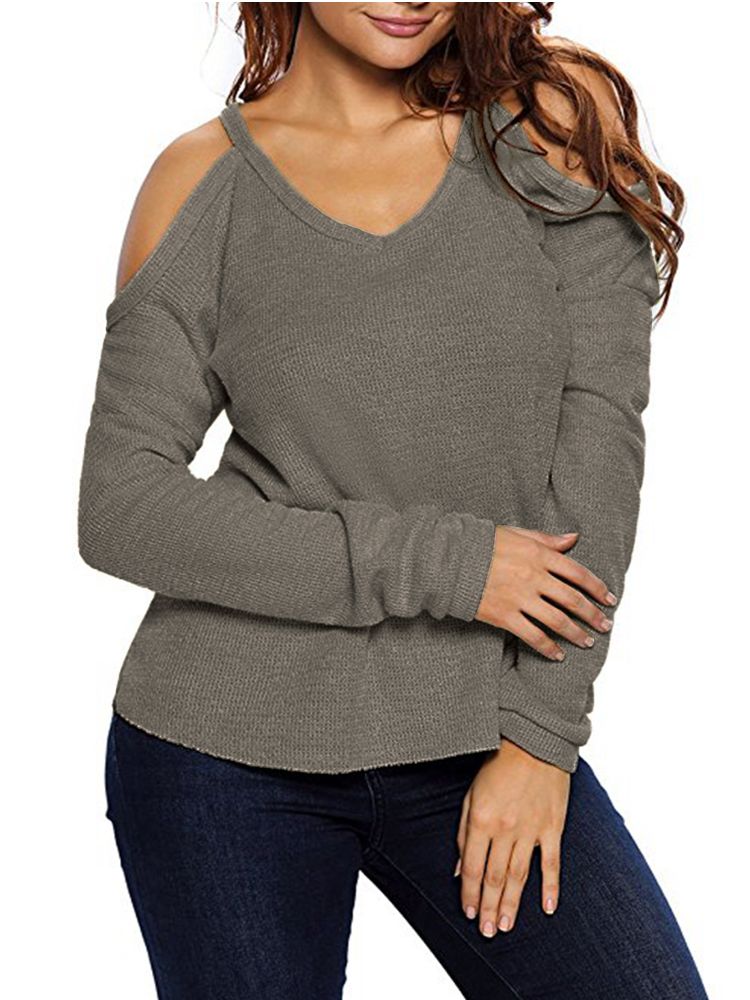 Dam V Neck Pullover Cold Shoulder Långärmade Tröjor För Dam