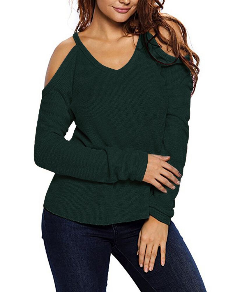 Dam V Neck Pullover Cold Shoulder Långärmade Tröjor För Dam