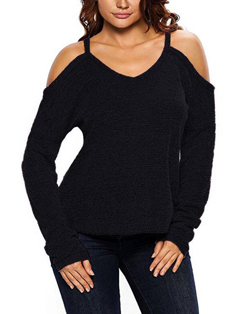 Dam V Neck Pullover Cold Shoulder Långärmade Tröjor För Dam