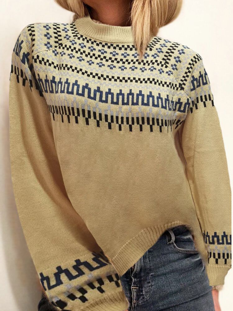 Dam Vintage Jacquard Tryckt Halvkrage Casual Pullover Stickad Tröja