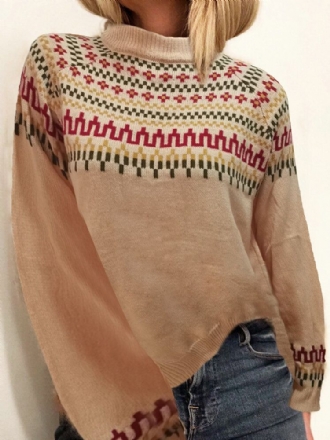 Dam Vintage Jacquard Tryckt Halvkrage Casual Pullover Stickad Tröja