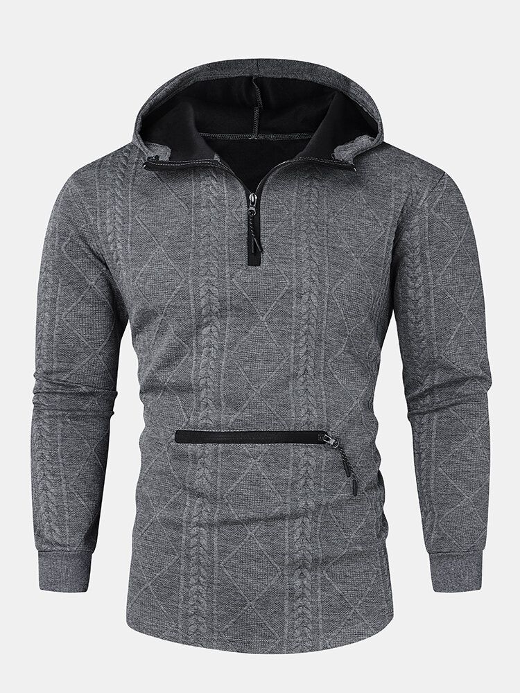 Herr Argyle Jacquard Stickad Quarter Zip Cotton Casual Huvtröjor Med Ficka