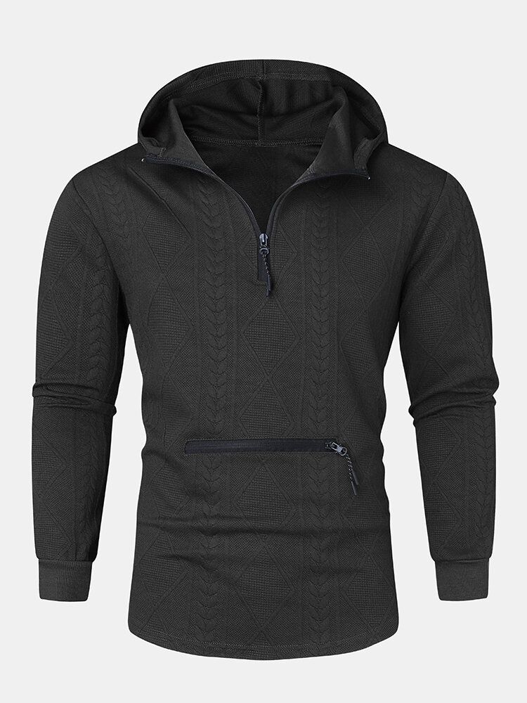 Herr Argyle Jacquard Stickad Quarter Zip Cotton Casual Huvtröjor Med Ficka