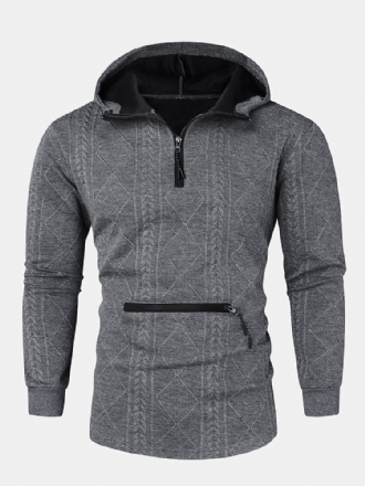 Herr Argyle Jacquard Stickad Quarter Zip Cotton Casual Huvtröjor Med Ficka