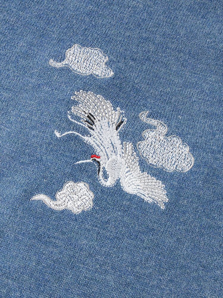 Herr Chinoiserie Crane Brodery Raglan Ärm Varma Stickade Tröjor