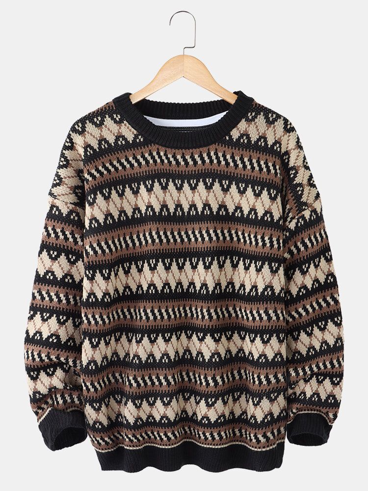 Herr Grafik Stickad Warm Drop Shoulder Pullover Casual Tröjor