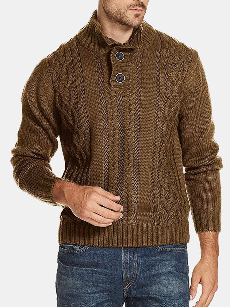 Herr Kabelstickad Lapel Button Solid Pullover Casual Sweaters