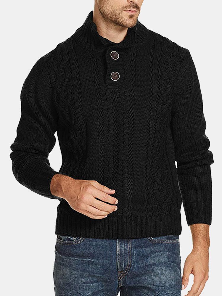 Herr Kabelstickad Lapel Button Solid Pullover Casual Sweaters