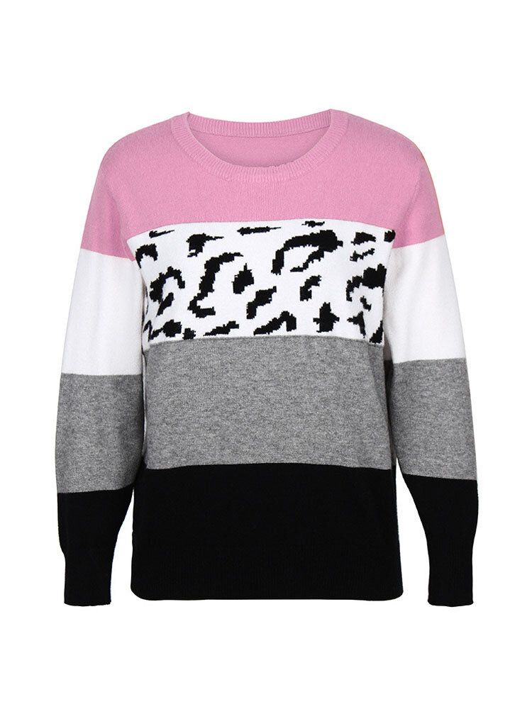 Kvinnor Color Block Leopard Rundhalsad Långärmad Casual Tröjor