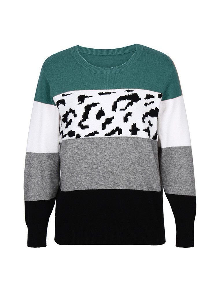 Kvinnor Color Block Leopard Rundhalsad Långärmad Casual Tröjor