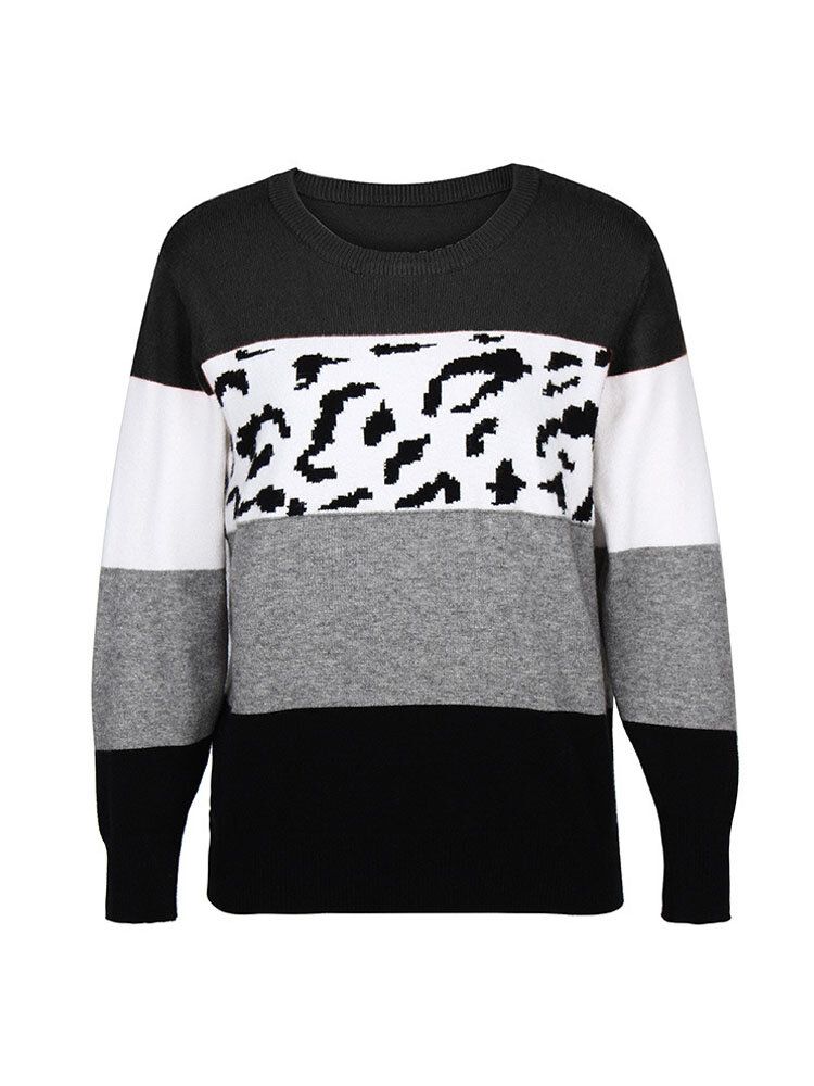 Kvinnor Color Block Leopard Rundhalsad Långärmad Casual Tröjor