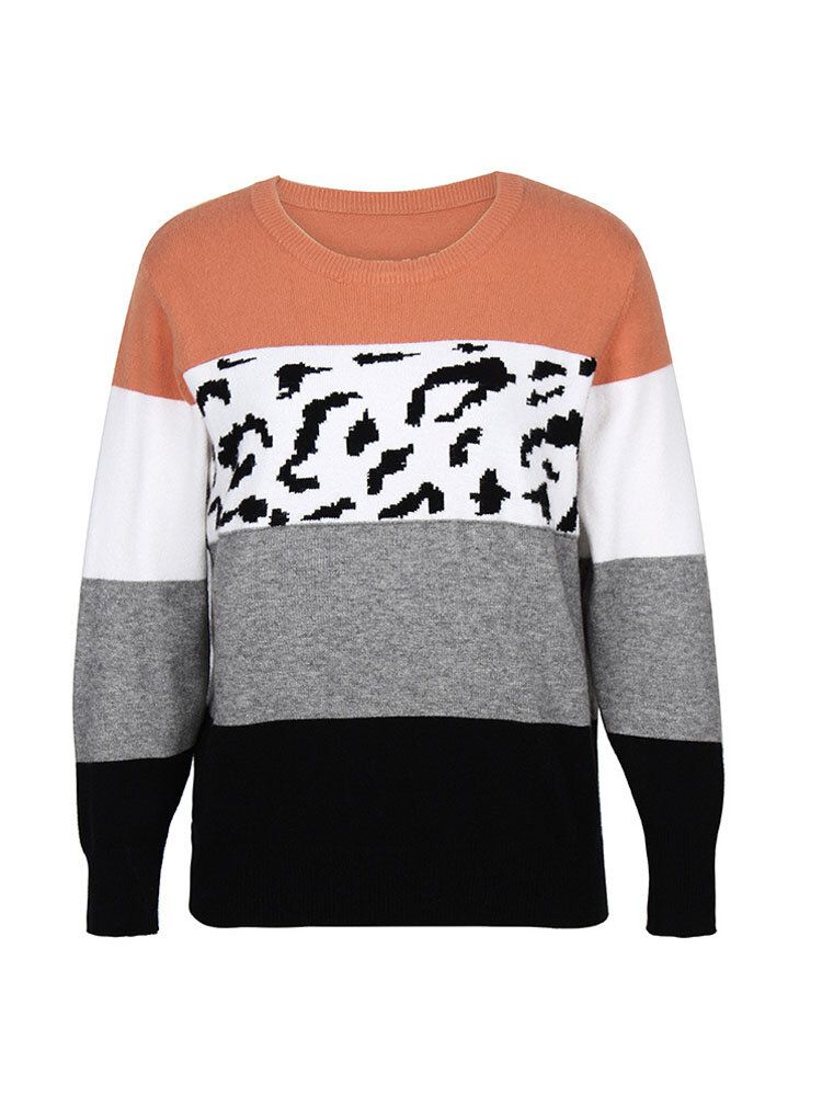 Kvinnor Color Block Leopard Rundhalsad Långärmad Casual Tröjor