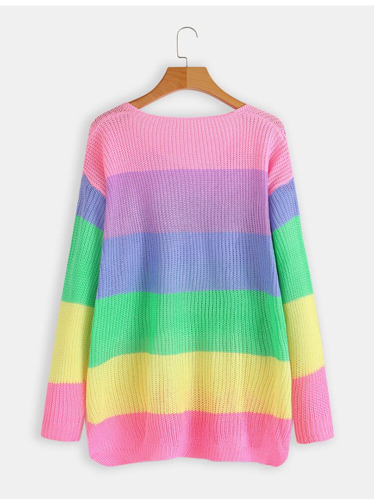 Långärmad V-ringad Rainbow Stripe Color Block Sweaters