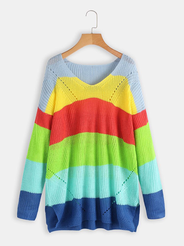 Långärmad V-ringad Rainbow Stripe Color Block Sweaters