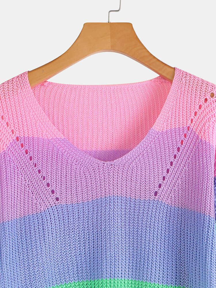 Långärmad V-ringad Rainbow Stripe Color Block Sweaters