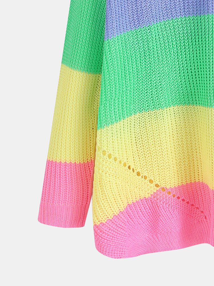 Långärmad V-ringad Rainbow Stripe Color Block Sweaters