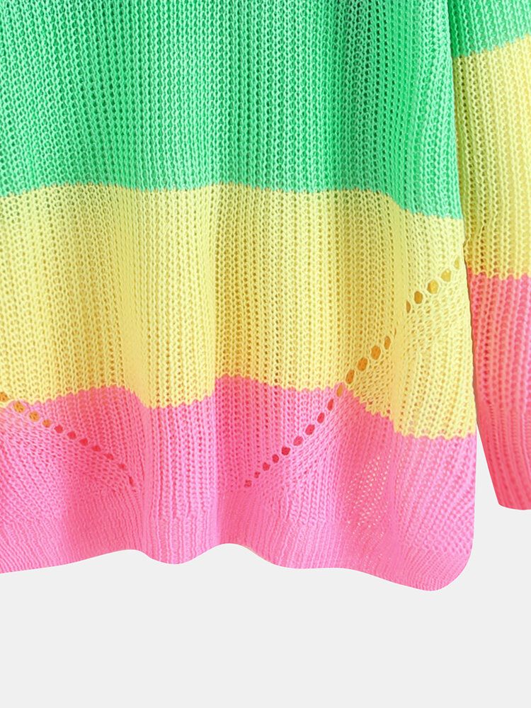 Långärmad V-ringad Rainbow Stripe Color Block Sweaters