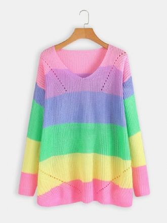 Långärmad V-ringad Rainbow Stripe Color Block Sweaters