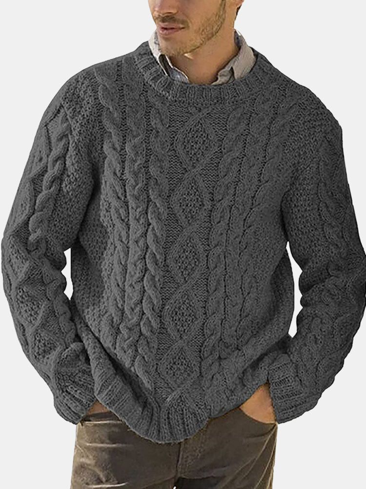 Män Solid Cable Stickad Rundhalsad Casual Pullover Tröjor