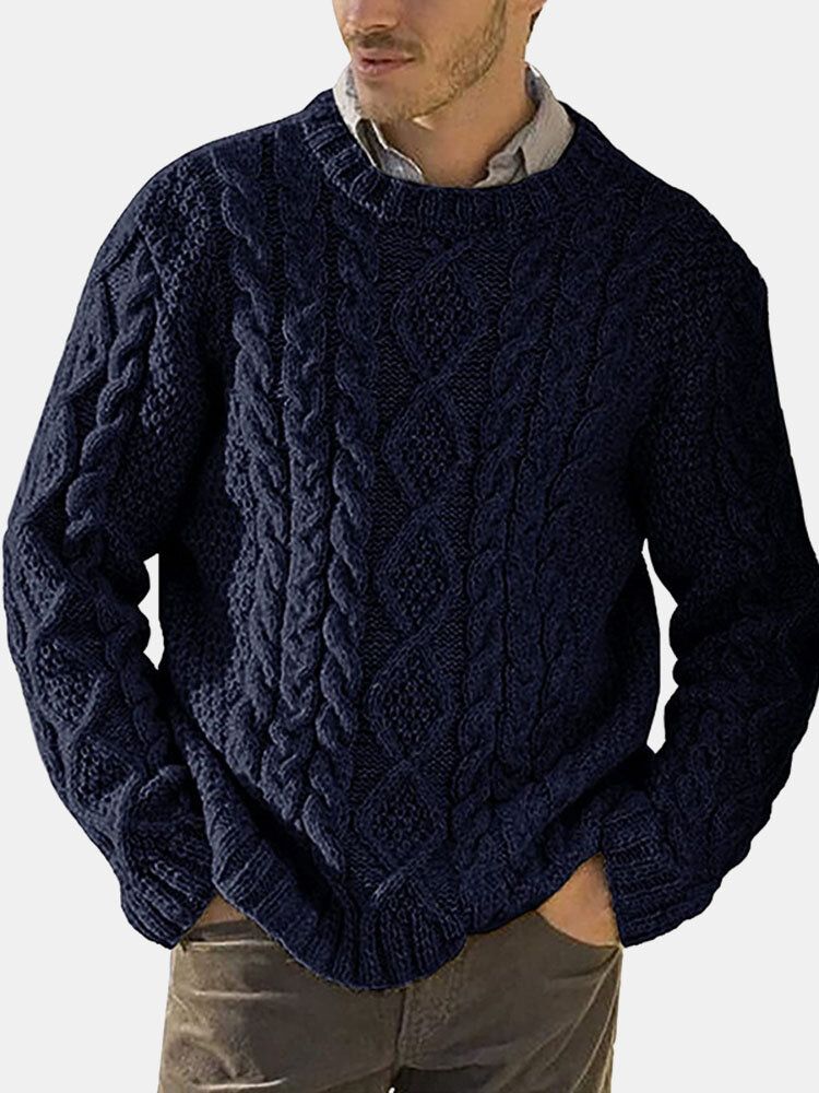 Män Solid Cable Stickad Rundhalsad Casual Pullover Tröjor