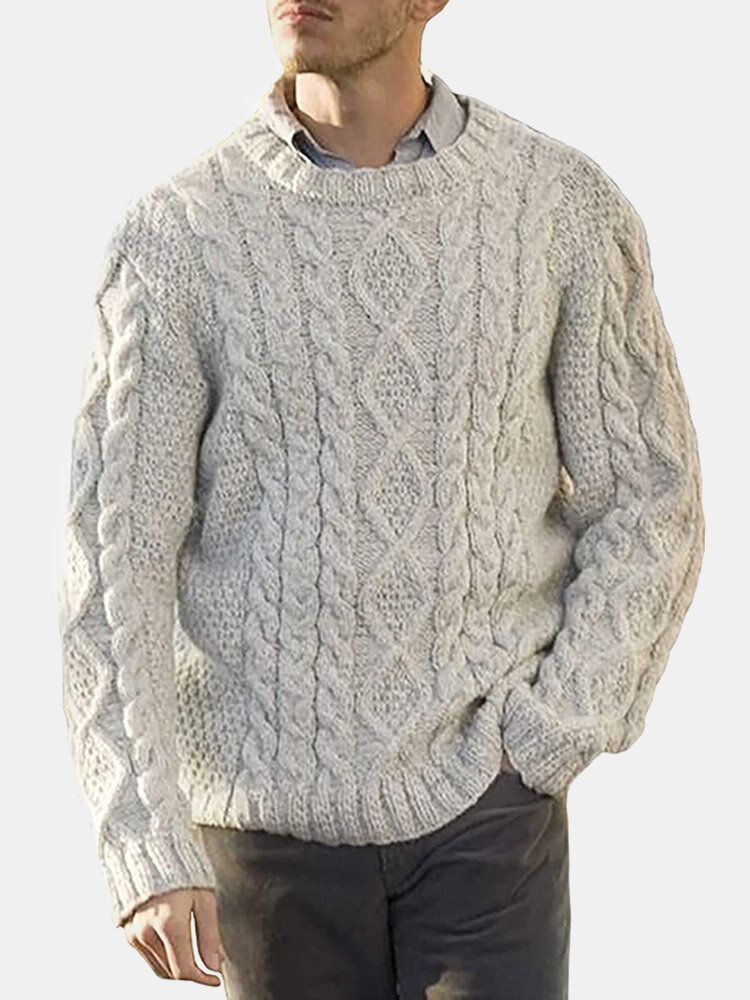 Män Solid Cable Stickad Rundhalsad Casual Pullover Tröjor