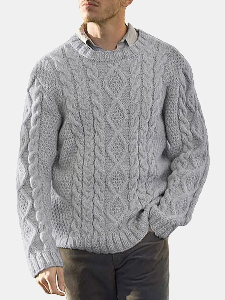 Män Solid Cable Stickad Rundhalsad Casual Pullover Tröjor