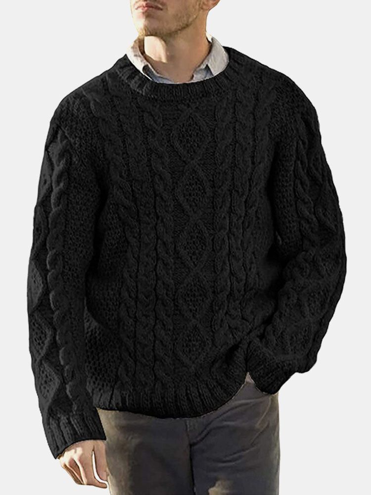 Män Solid Cable Stickad Rundhalsad Casual Pullover Tröjor