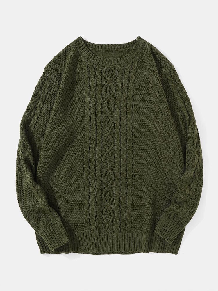 Män Solid Cable Stickad Rundhalsad Casual Pullover Tröjor