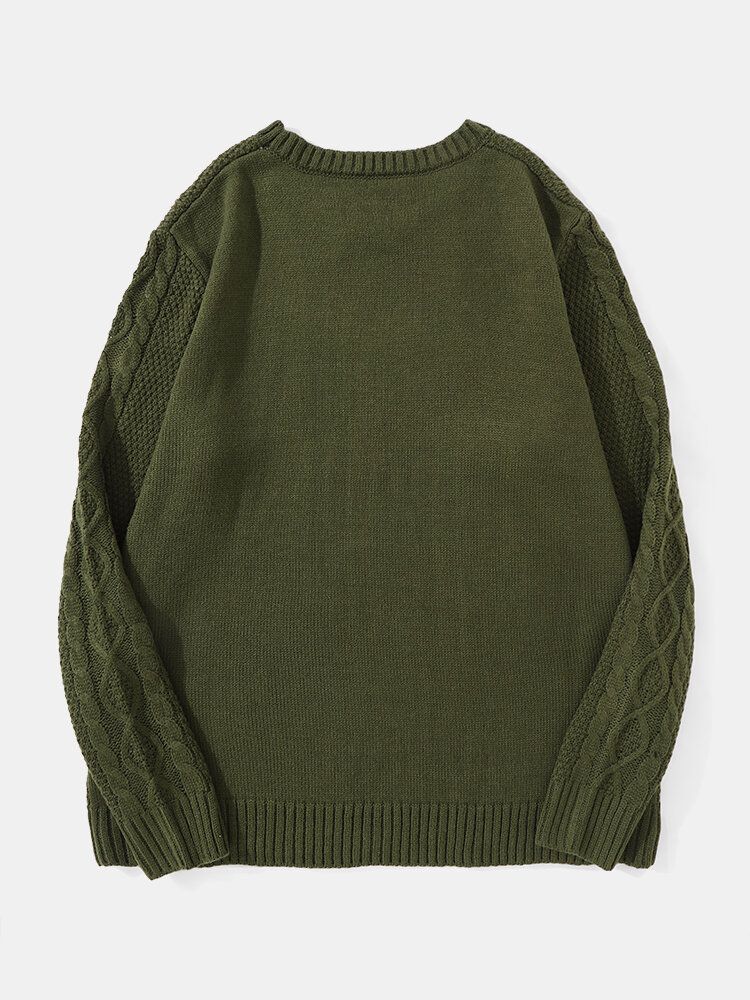 Män Solid Cable Stickad Rundhalsad Casual Pullover Tröjor